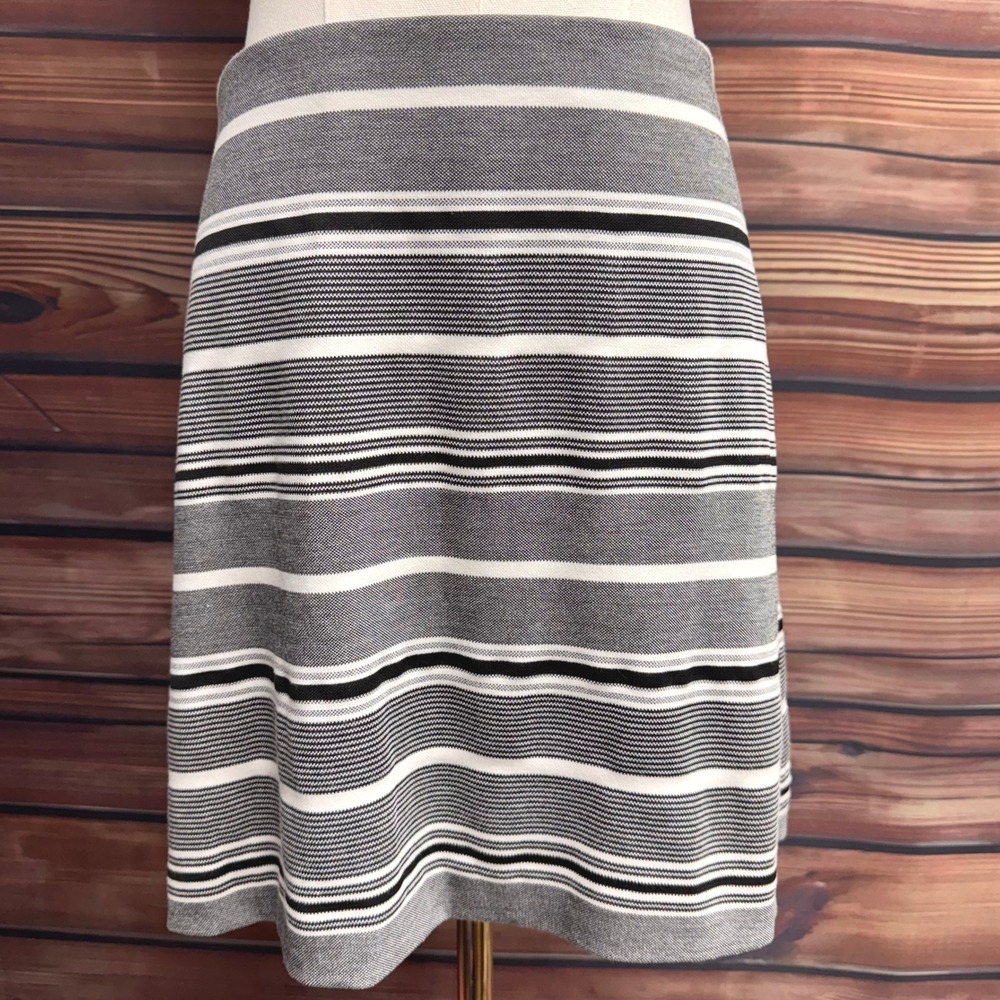 Express Womens Small Striped Knit Pencil Midi Skirt Black Gray Ivory Lined